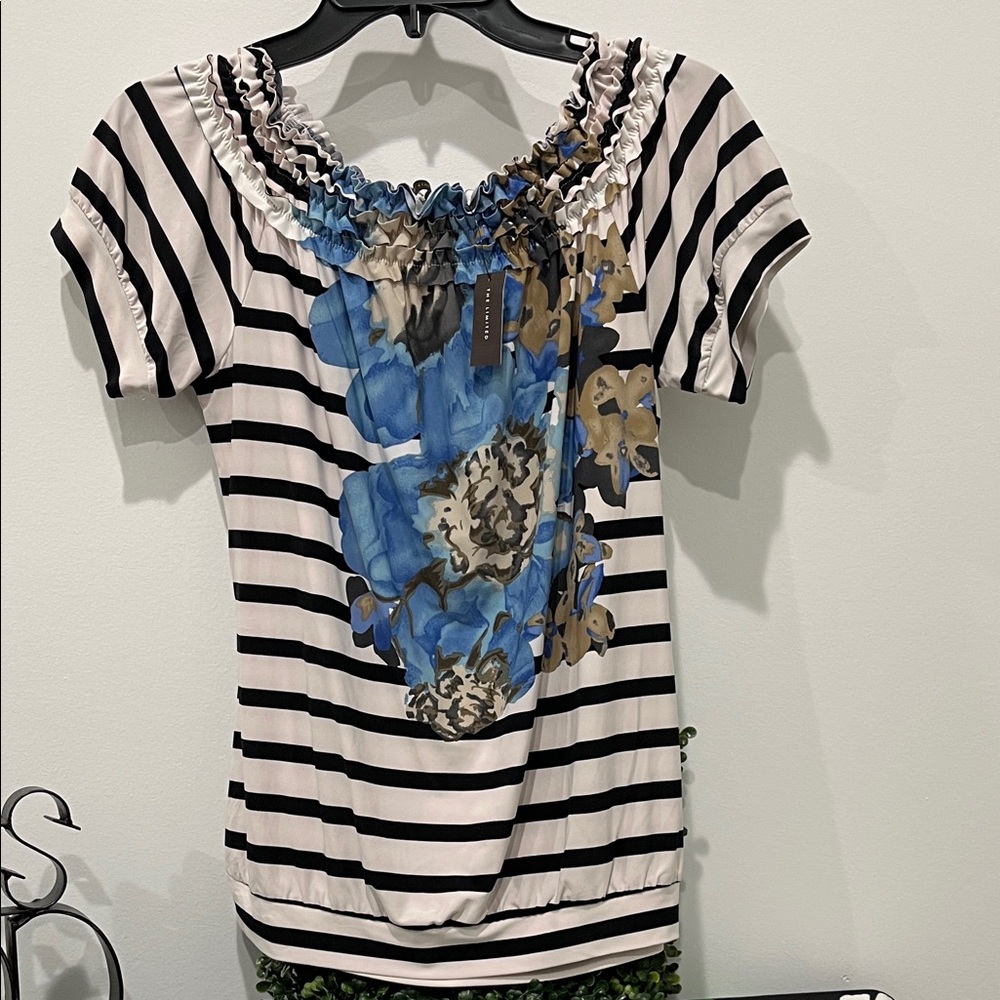 🌷3 Tops for $18 - The Limited Black and Light Cream Striped Floral Blouse, SzMed